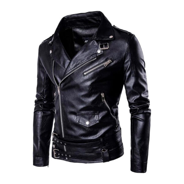 Authentic Negan Style Motorcycle Leather Jacket - Black Asymmetrical Belted Moto Biker Outerwear for Men - Image 4