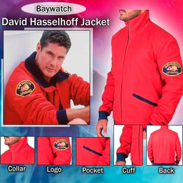 Cartaxis Mens David HOT RED Hasselhoff Beach Style Baywatch Life Guard Bomber Cotton Jacket - Image 4