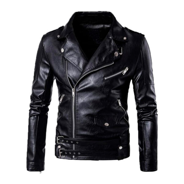 Authentic Negan Style Motorcycle Leather Jacket - Black Asymmetrical Belted Moto Biker Outerwear for Men