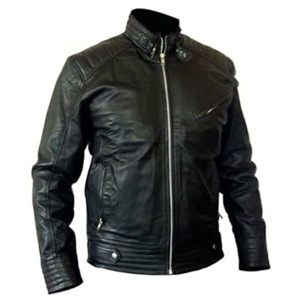 Hard-wearing worldliness Men's Black Leather Jacket with Metallic Zip- 3 Pockets