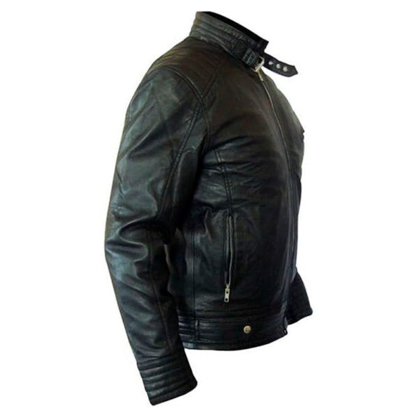 Hard-wearing worldliness Men's Black Leather Jacket with Metallic Zip- 3 Pockets - Image 4