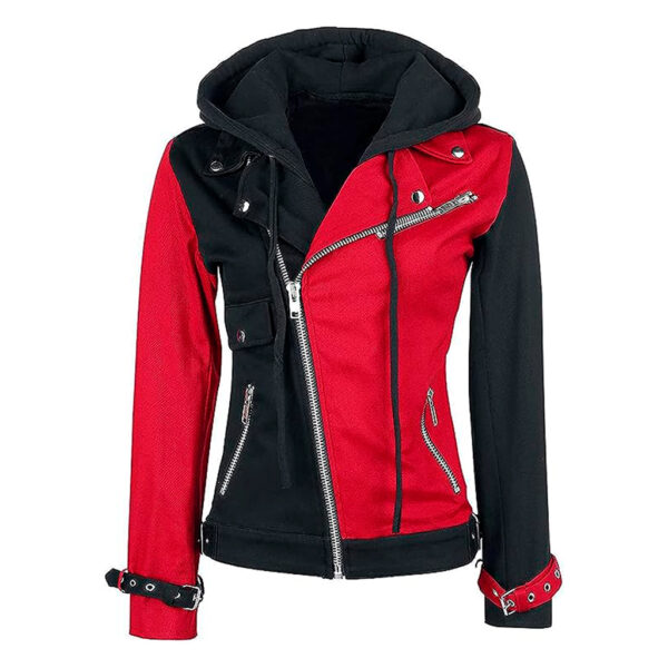 Cartaxis Edgy Women’s Red and Black Inspired Harley Hoodie, Trendy Celebrity Quinn Stylish Cotton Biker Jacket