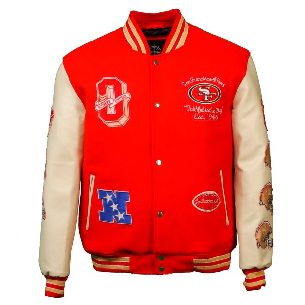 Cartaxis NFL American San Francisco 49ers Football Sports Varsity Red Jacket with Faux Leather Sleeves Iconic Patches