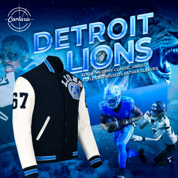 Cartaxis Detroit Lions Jacket by Axel Foley Detroit Lions Jacket, Eddie Murphy Classic Varsity Style Distressed Leather Sleeves - Image 2