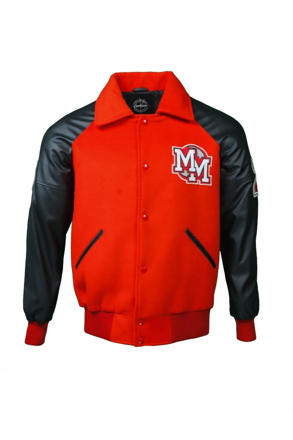 Cartaxis Michael Jackson Mickey Mouse Varsity Jacket, Red and Black Wool Blend with Black Leather Sleeves