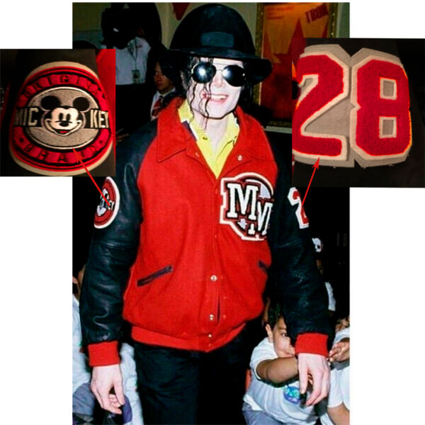 Cartaxis Michael Jackson Mickey Mouse Varsity Jacket, Red and Black Wool Blend with Black Leather Sleeves - Image 2