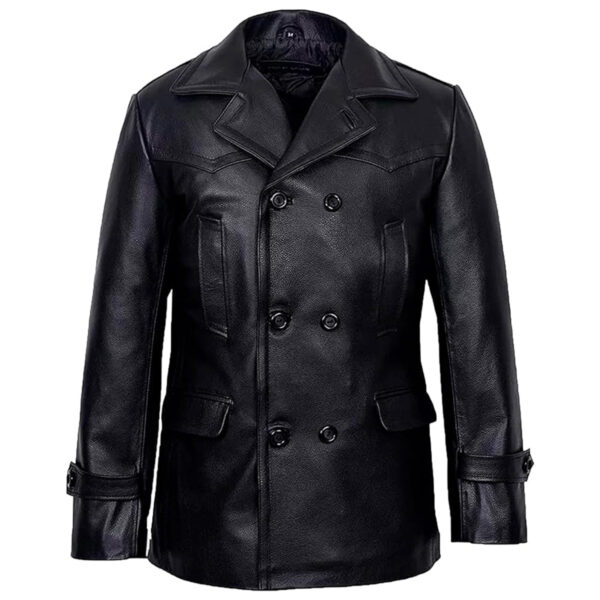 Cartaxis Classic Detective Leather Trench Coat, Vintage Military Lapel Collar Black Leather Pea Coat