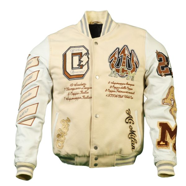 Cartaxis Fashion A-C-M Off White Varsity Jacket, Handmade College Club Wool Bomber Jacket