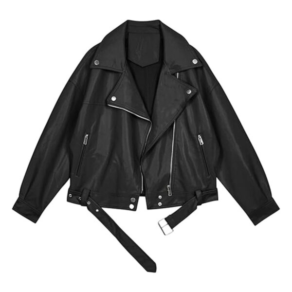 Cartaxis Women Faux Leather Jacket Lapel Collar Motorcycle Zip Up Long Sleeve Motor Biker Short Coat Jacket