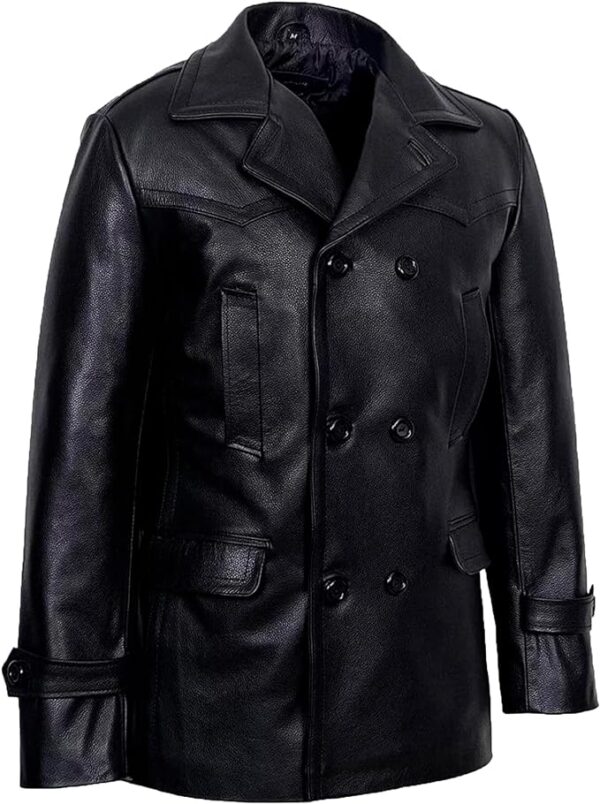 Cartaxis Classic Detective Leather Trench Coat, Vintage Military Lapel Collar Black Leather Pea Coat - Image 4