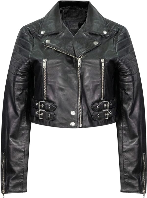 Cartaxis Premium Women's Biker Jacket with Belted Waist, Chic Cropped Versatile Leather Jacket with Multiple Pockets - Image 3