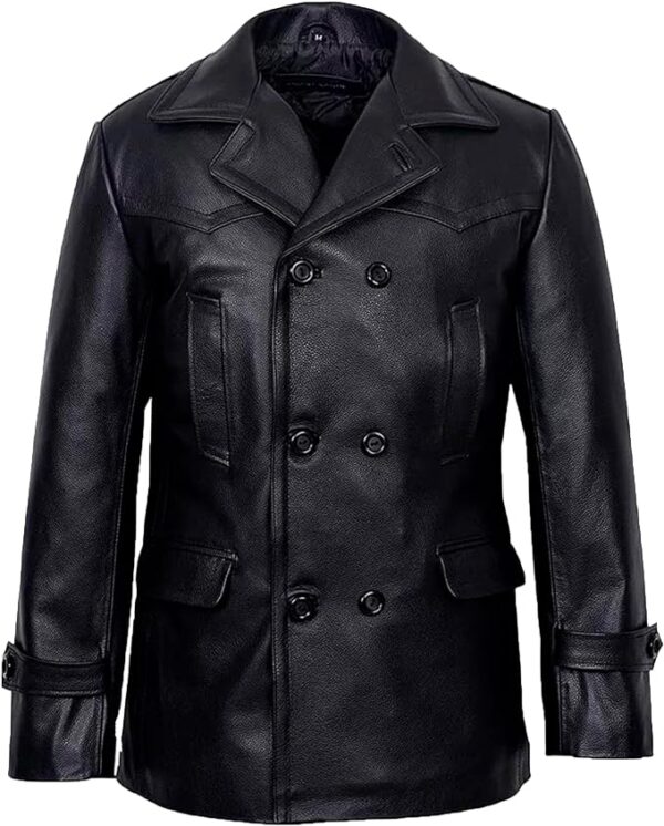 Cartaxis Classic Detective Leather Trench Coat, Vintage Military Lapel Collar Black Leather Pea Coat - Image 6