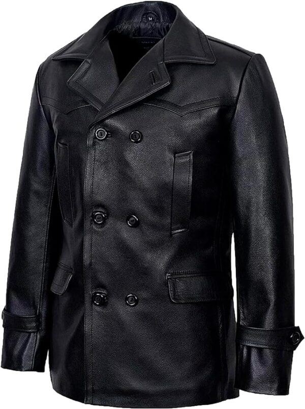 Cartaxis Classic Detective Leather Trench Coat, Vintage Military Lapel Collar Black Leather Pea Coat - Image 7