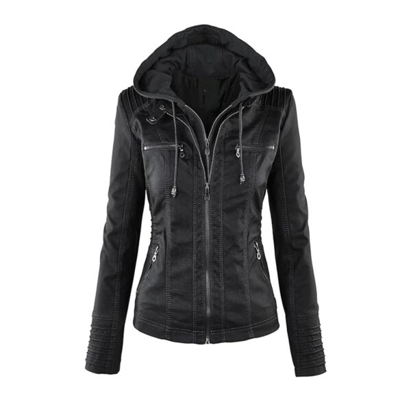 Cartaxis Women's Removable Hooded Faux Leather Jacket Moto Biker Coat