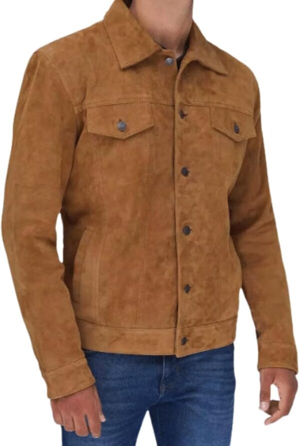 Men’s Trucker Style Shirt Collar Two Front Flap Pockets And Button Closure Leather Jacket - Image 2