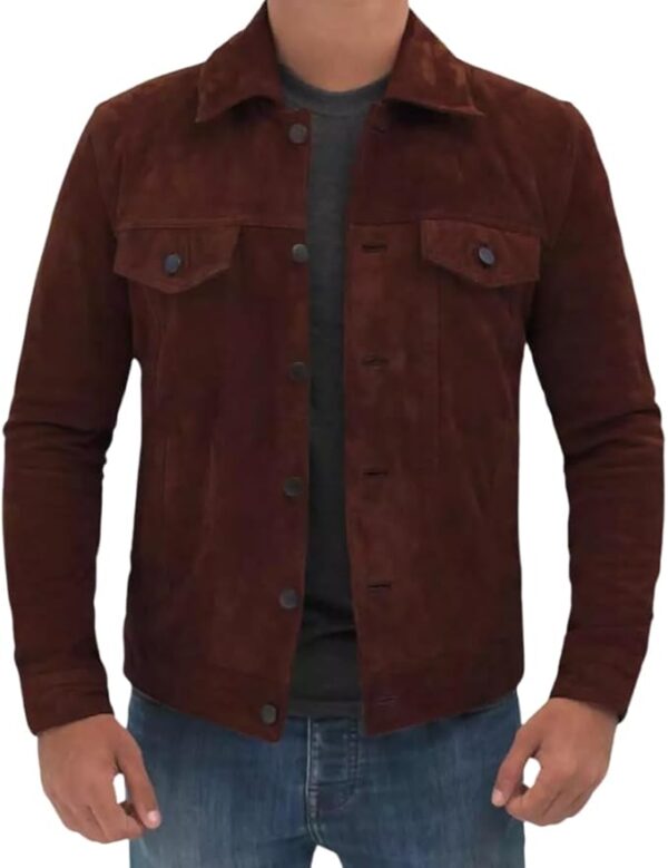 Men’s Trucker Style Shirt Collar Two Front Flap Pockets And Button Closure Leather Jacket - Image 12