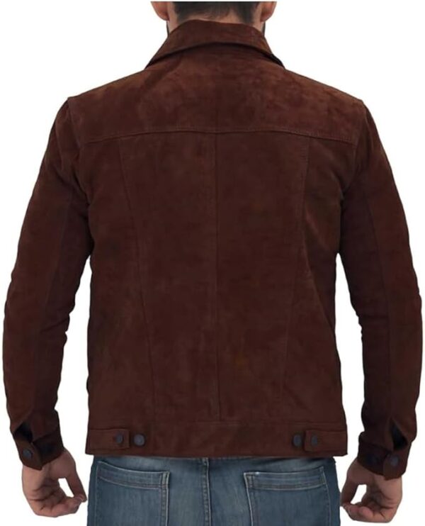 Men’s Trucker Style Shirt Collar Two Front Flap Pockets And Button Closure Leather Jacket - Image 11