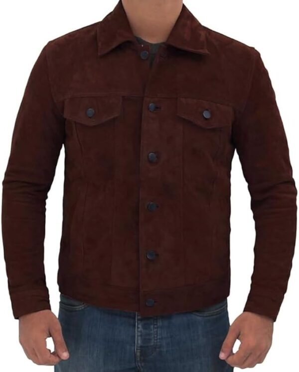 Men’s Trucker Style Shirt Collar Two Front Flap Pockets And Button Closure Leather Jacket - Image 7