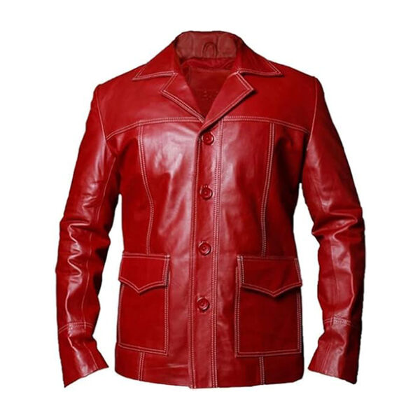 Brad Fight Durden Club Red Leather Jacket, Iconic Tyler Pitt Stylish Fitted Motorcycle Retro Racing Biker - Image 2