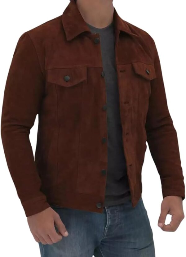 Men’s Trucker Style Shirt Collar Two Front Flap Pockets And Button Closure Leather Jacket - Image 10