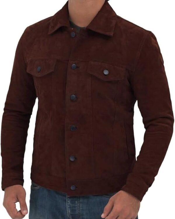 Men’s Trucker Style Shirt Collar Two Front Flap Pockets And Button Closure Leather Jacket - Image 9