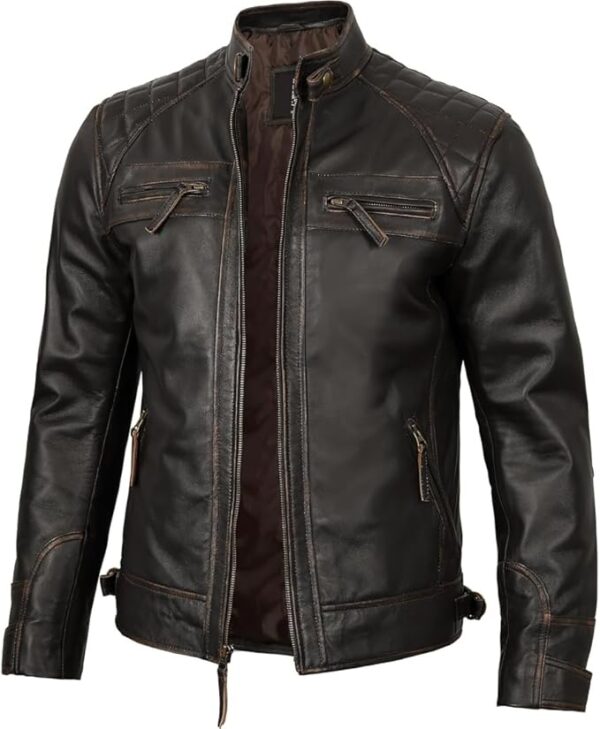 Men's Quilted Pattern Design Snap Button Collar Waist Adjusters Leather Biker Jacket - Image 6