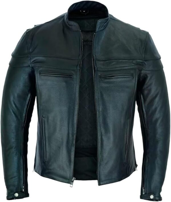 Men's Premium Leather Racer Jacket with button cuffs and four front pockets - Image 3