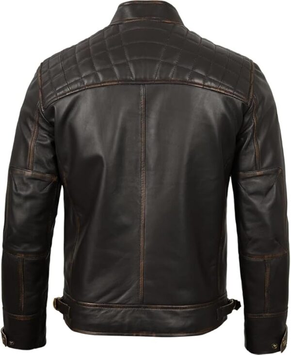 Men's Quilted Pattern Design Snap Button Collar Waist Adjusters Leather Biker Jacket - Image 3