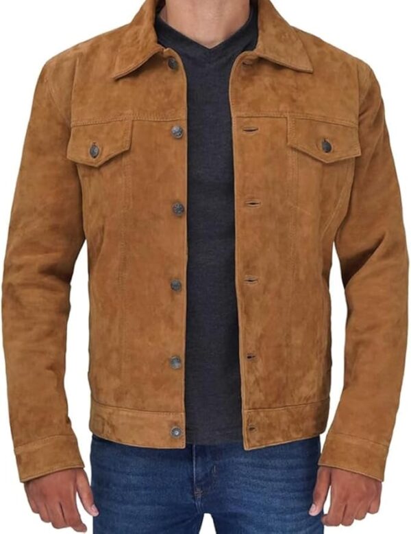 Men’s Trucker Style Shirt Collar Two Front Flap Pockets And Button Closure Leather Jacket - Image 6