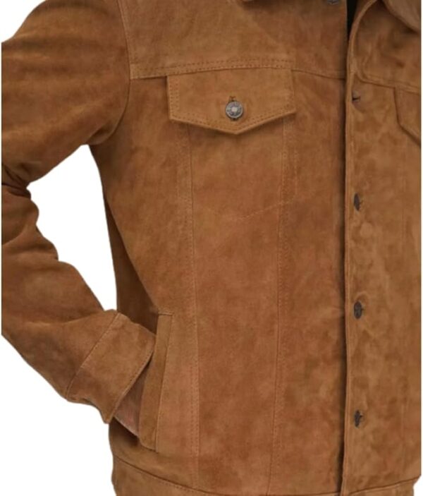 Men’s Trucker Style Shirt Collar Two Front Flap Pockets And Button Closure Leather Jacket - Image 3