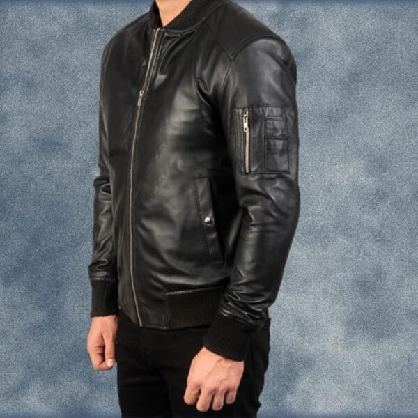 Men’s Real Leather Bomber Jacket in Black, Modern Design for Versatile Urban Street Style. - Image 4