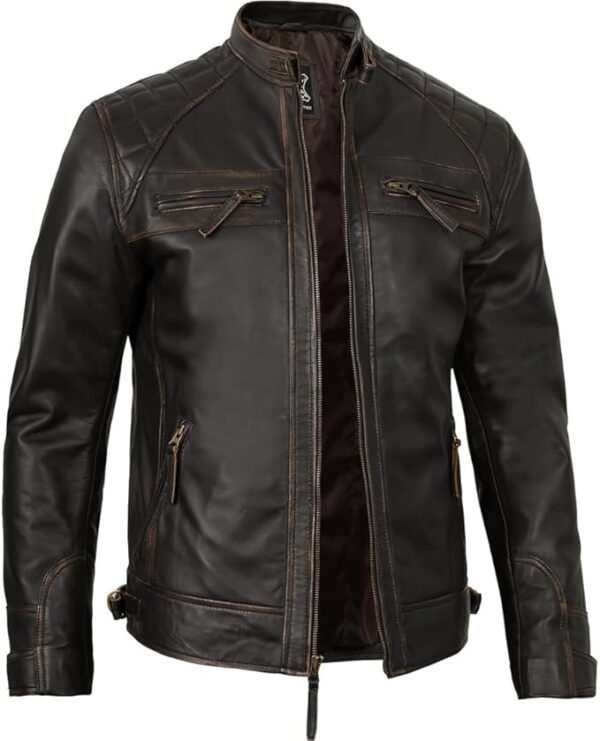 Men's Quilted Pattern Design Snap Button Collar Waist Adjusters Leather Biker Jacket - Image 2