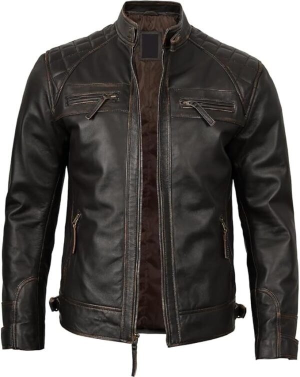 Men's Quilted Pattern Design Snap Button Collar Waist Adjusters Leather Biker Jacket - Image 4