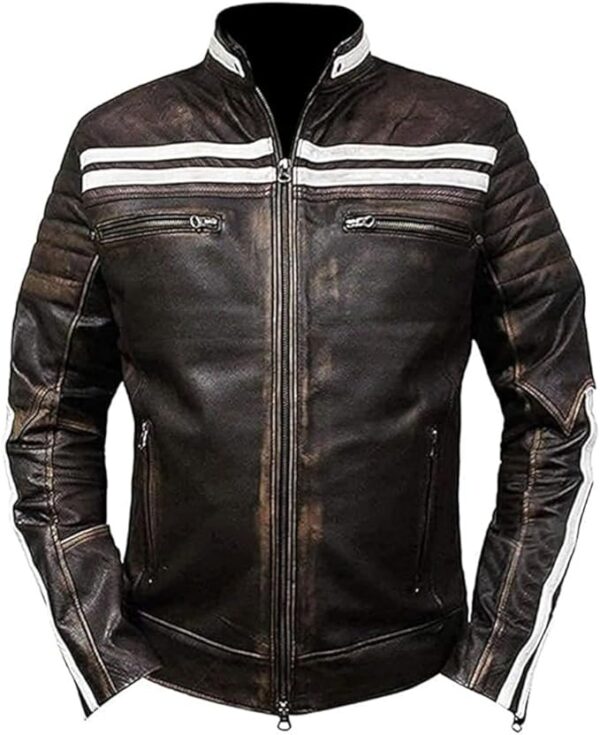 Men’s White Stripes YKK Zip Closure Distressed Leather Jacket - Image 3