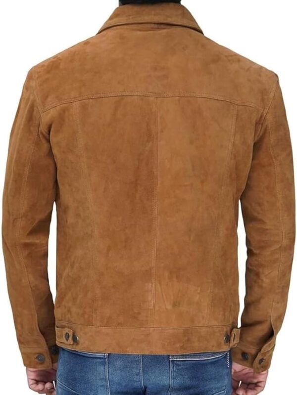 Men’s Trucker Style Shirt Collar Two Front Flap Pockets And Button Closure Leather Jacket - Image 4