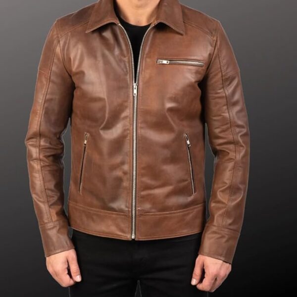 Men's Stylish Brown Leather Jacket - Versatile Slim-Fit for Riding - Image 3