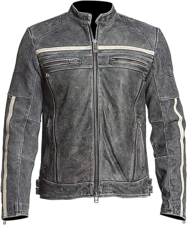 Men’s Vintage Biker Distressed Buttoned Collar Style Leather Jacket - Image 5