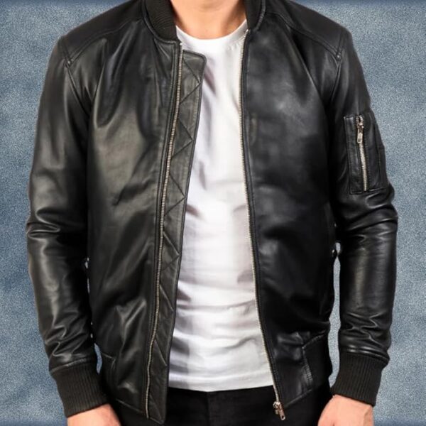 Men’s Real Leather Bomber Jacket in Black, Modern Design for Versatile Urban Street Style. - Image 2