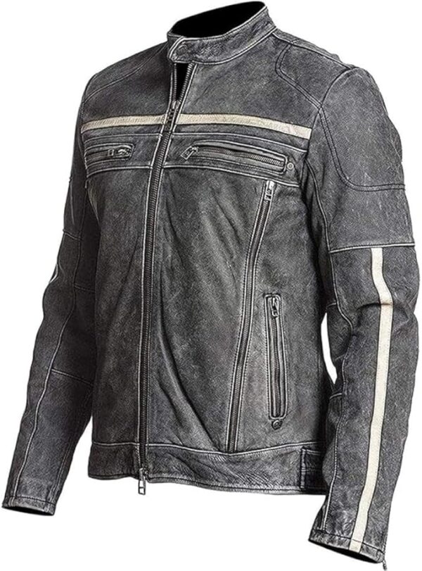 Men’s Vintage Biker Distressed Buttoned Collar Style Leather Jacket - Image 2