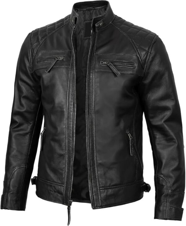 Men's Quilted Pattern Design Snap Button Collar Waist Adjusters Leather Biker Jacket - Image 7