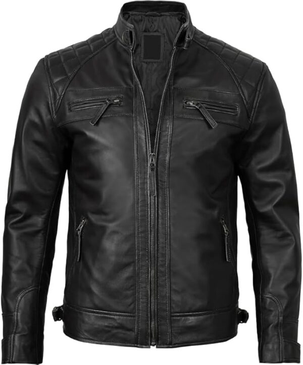 Men's Quilted Pattern Design Snap Button Collar Waist Adjusters Leather Biker Jacket - Image 8