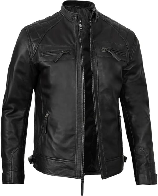 Men's Quilted Pattern Design Snap Button Collar Waist Adjusters Leather Biker Jacket - Image 9