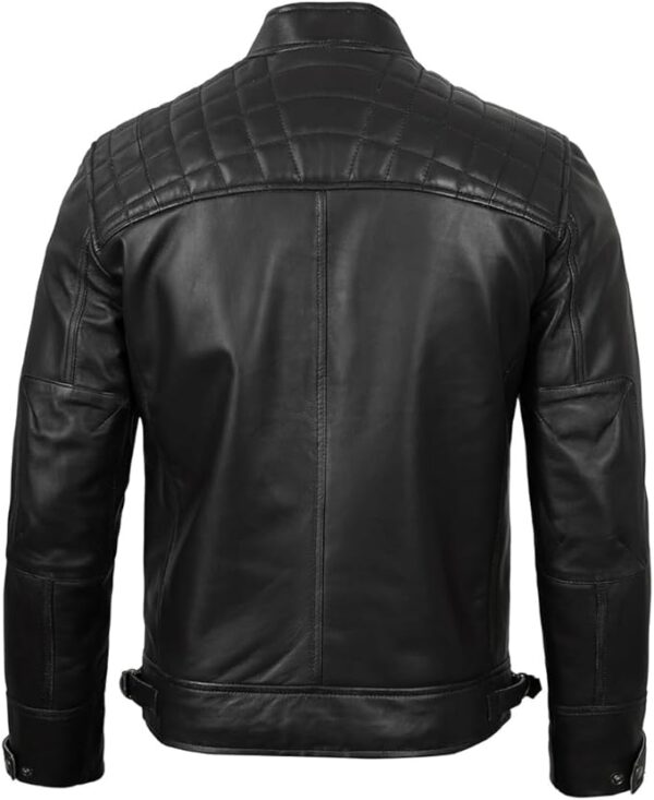 Men's Quilted Pattern Design Snap Button Collar Waist Adjusters Leather Biker Jacket - Image 10