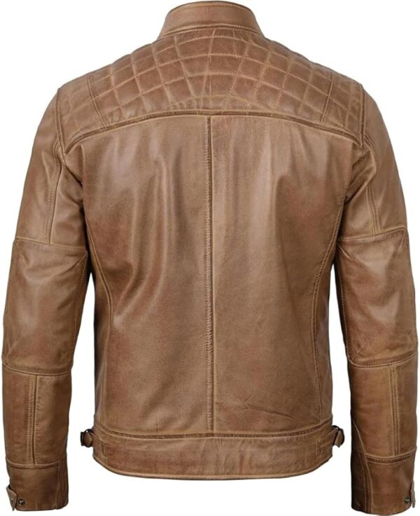 Men's Quilted Pattern Design Snap Button Collar Waist Adjusters Leather Biker Jacket - Image 12