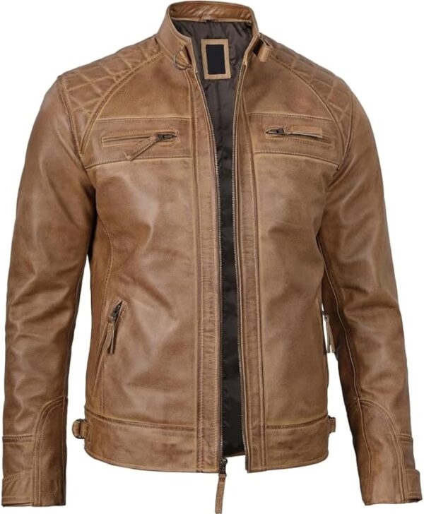 Men's Quilted Pattern Design Snap Button Collar Waist Adjusters Leather Biker Jacket - Image 13