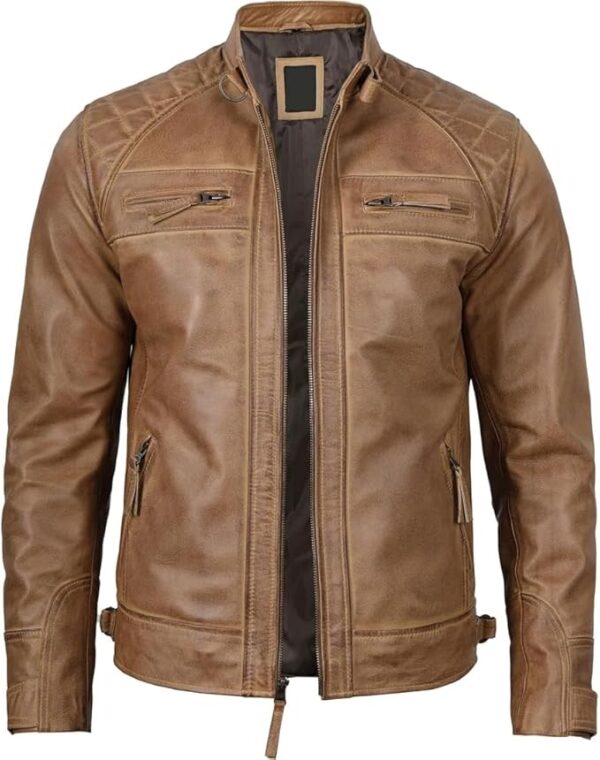 Men's Quilted Pattern Design Snap Button Collar Waist Adjusters Leather Biker Jacket - Image 14