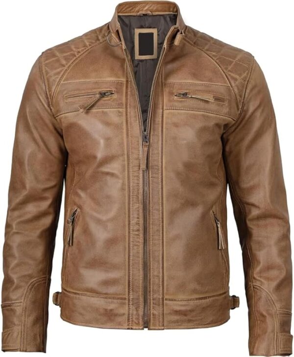 Men's Quilted Pattern Design Snap Button Collar Waist Adjusters Leather Biker Jacket - Image 15