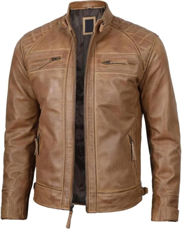 Men's Quilted Pattern Design Snap Button Collar Waist Adjusters Leather Biker Jacket - Image 16