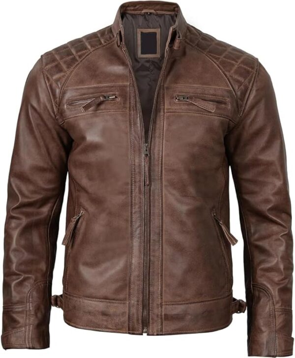 Men's Quilted Pattern Design Snap Button Collar Waist Adjusters Leather Biker Jacket - Image 18