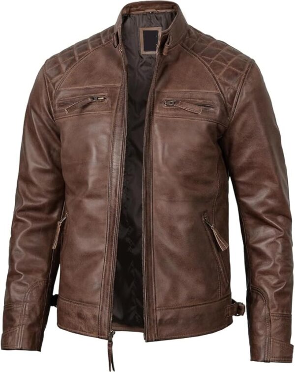 Men's Quilted Pattern Design Snap Button Collar Waist Adjusters Leather Biker Jacket - Image 19